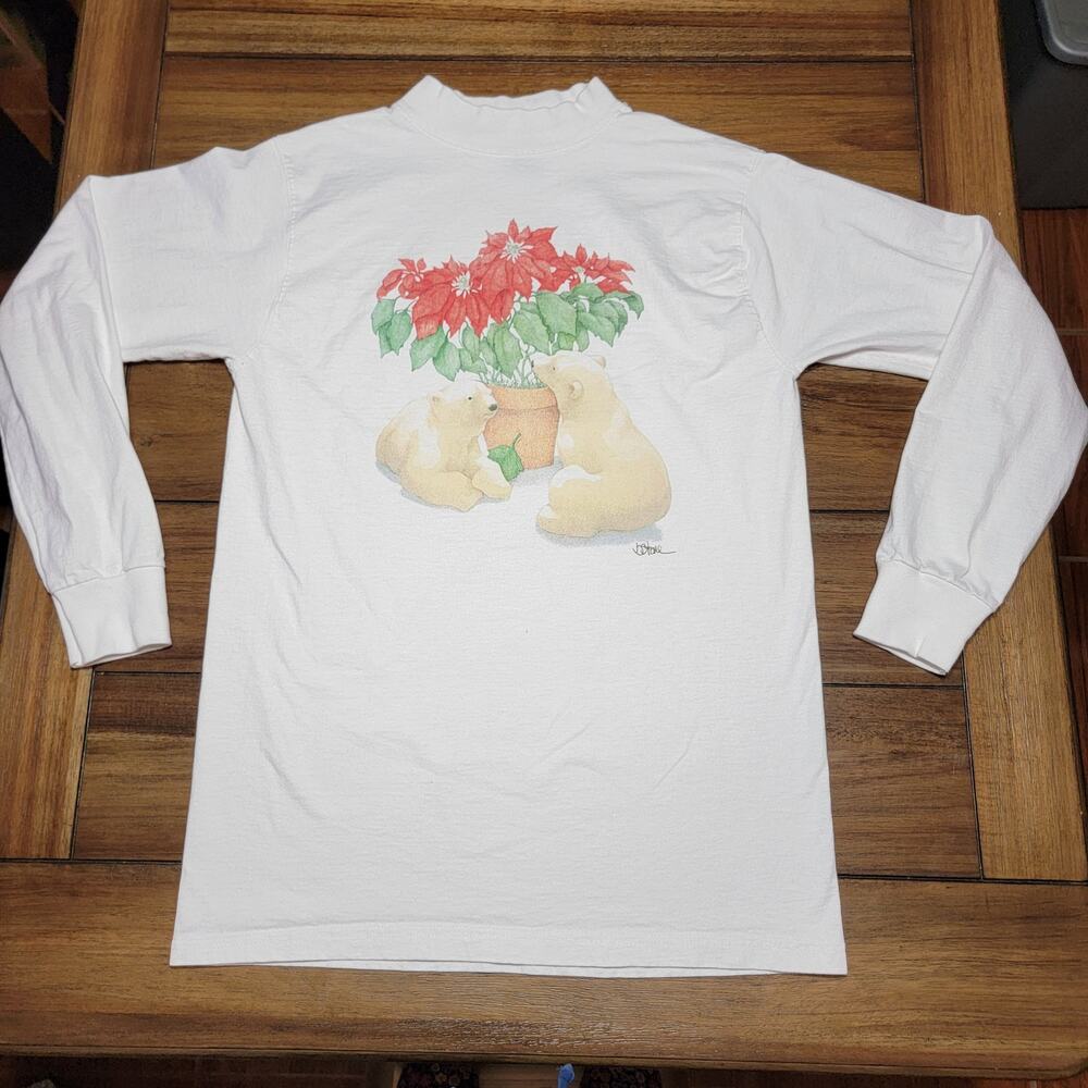 LS White Tee Polar Bears w/ Poinsettias (Fruit Of The Loom) - Size Medium